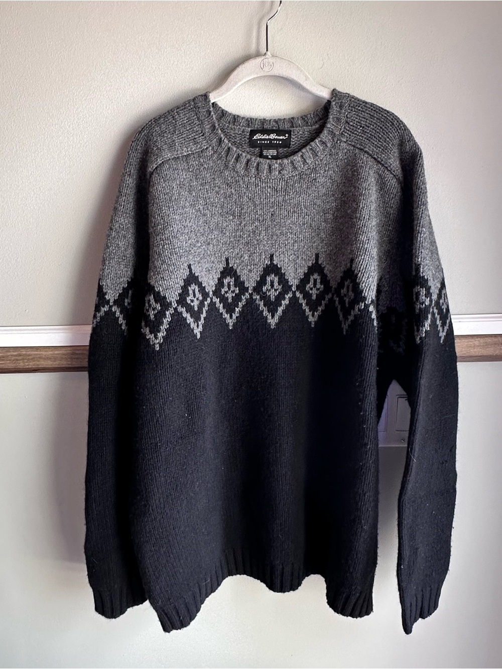 Eddie Bauer Wool Sweater Black Gray Fair Isle Vintage Lambswool​